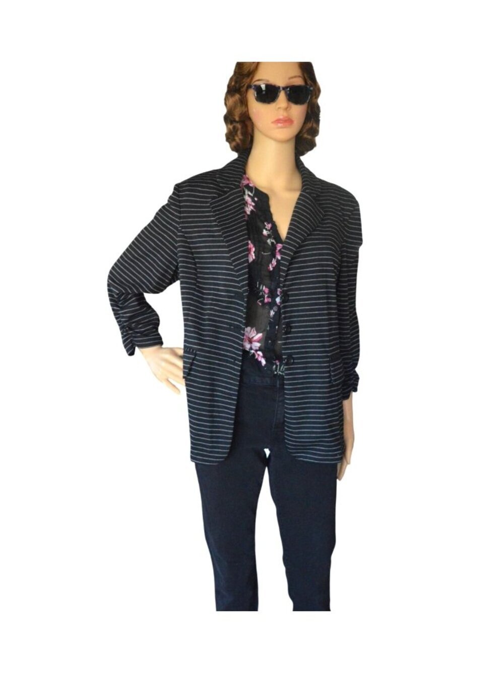SOHO Black White Pinstriped Blazer Womens L 3/4 Ruched Sleeves NWT Office Siren